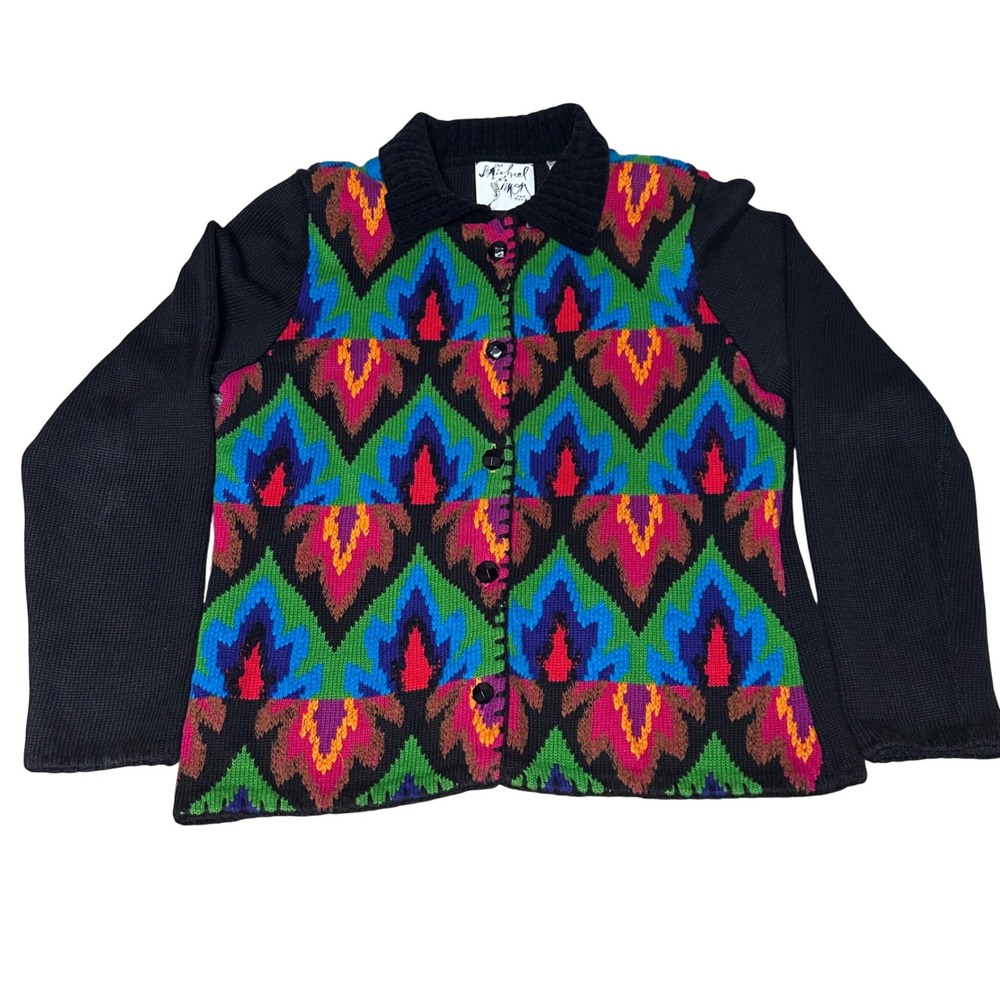 Michael Simon Vintage 1996‎ Intarsia Knit Cardigan Sweater Multi Color Womens L